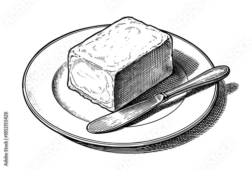 Butter with a knife on a plate sketch illustration in black and white