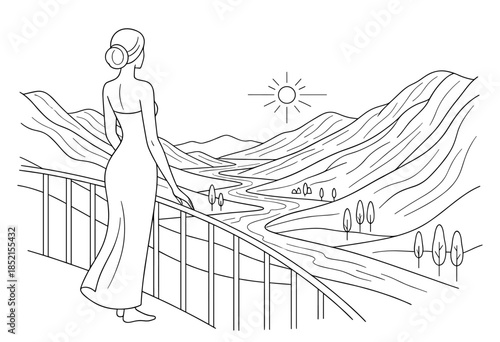 Woman in long dress on balcony observing winding river and rolling hills against scenic landscape