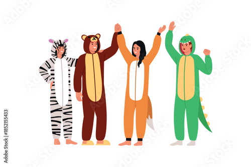 Vector illustration of a group of cheerful people at a pajama party. Cartoon scene of boys and girls dressed in animal pajamas: zebra, bear, fox, crocodile isolated on white background. Costume party.
