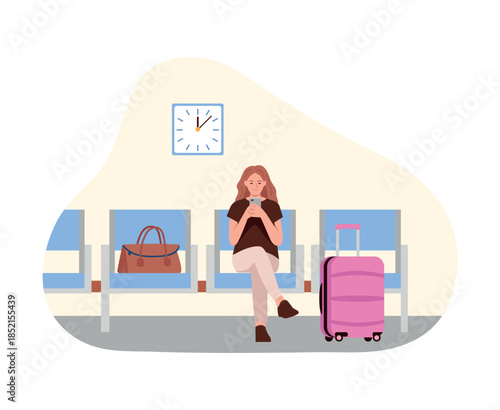 Vector illustration of a woman sitting in the waiting room of an airport, train station. Cartoon scene of a woman sitting, looking at a smartphone, bag, suitcase, clock isolated on a white background.