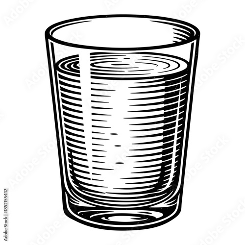 Glass of water in woodcut style in black and white