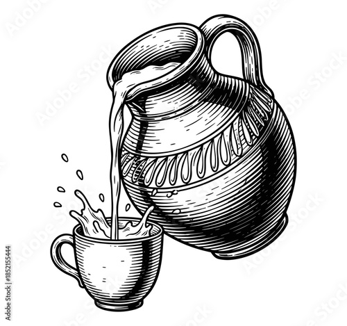 A pitcher pouring milk into a cup, in a woodcut style, black and white