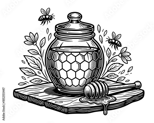 Honey Jar and Bees in Woodcut Style in Black and White