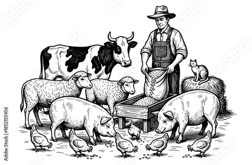 Farmer feeding animals against white background