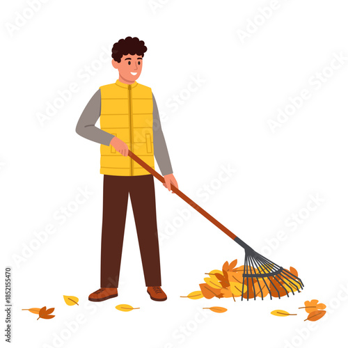 Vector illustration of a cute boy raking leaves. Cartoon scene of a smiling boy dressed in a yellow vest, jacket, pants, raking with a rake of fallen dry autumn leaves isolated on a white background.