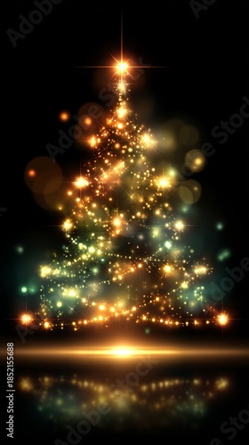 Christmas tree illustration made of glowing light particles with festive colors and iridescent effects