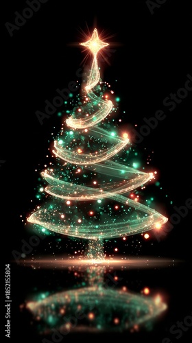 Glowing Christmas tree made of light particles with vibrant colors on an abstract dark background