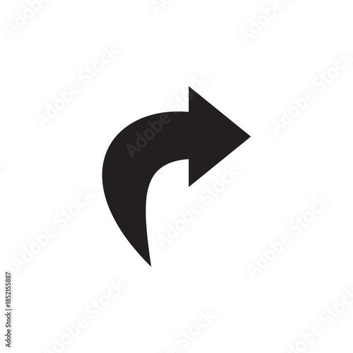 A clean and minimalist black curved arrow icon. This versatile graphic represents direction, redirection, forward movement, or a call to action. Perfect for digital interfaces and design projects.