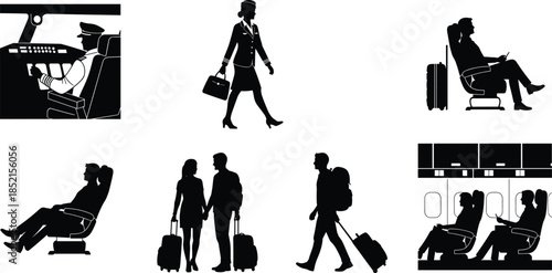 Air travel silhouettes set, pilot flight attendant passengers with luggage, airplane cabin airport journey scenes, black travel figures isolated on white background
