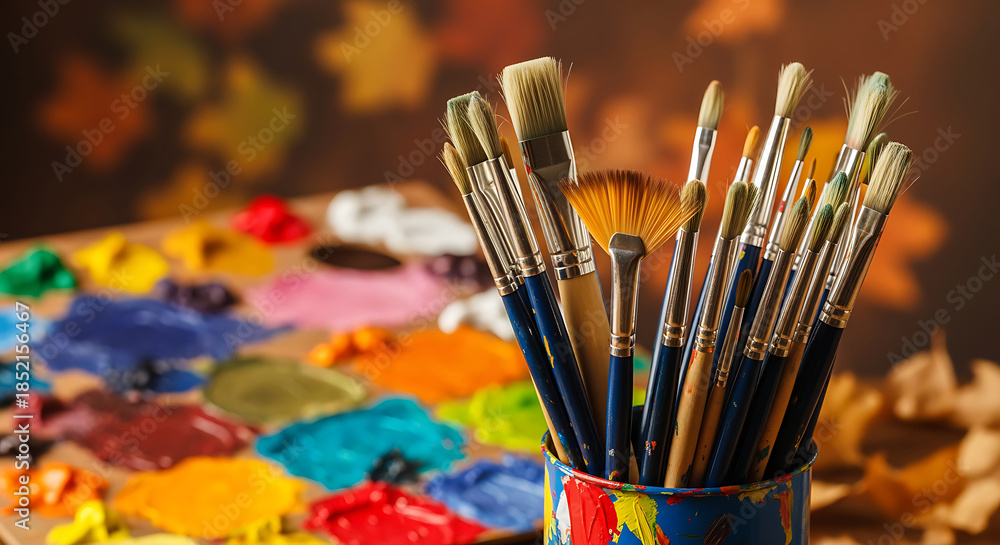 Fototapeta premium Paintbrushes in a colorful cup with a palette paints colors