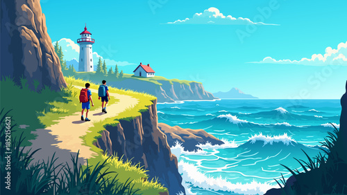 Anime Style Vector Illustration of Backpackers Trekking on Coastal Cliff Path with Lighthouse