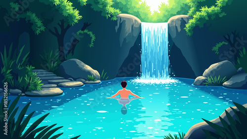Anime Style Vector Illustration of a Swimmer in a Tropical Waterfall Pool