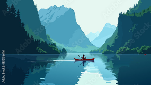 Anime style vector illustration of a kayaker paddling through a calm fjord with towering cliffs and reflections