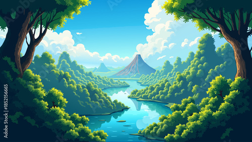 Anime Style Vector Landscape with Sun Drenched Forest Canopy and Winding River