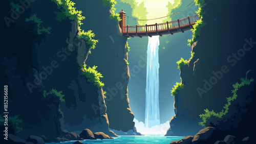 Anime Style Vector Illustration of a Narrow Canyon with Canopy Bridge and Waterfall
