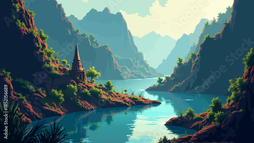 Anime Vector Illustration of a Volcanic Hot Spring in a Misty Valley