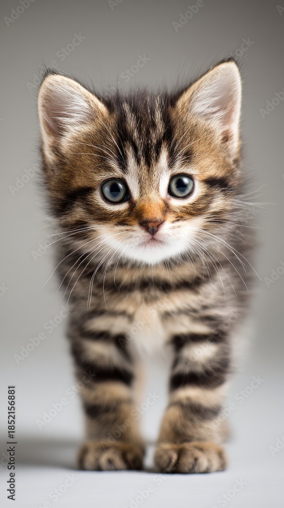 Obraz premium cute baby kitten stock hero image, centered subject, large copy space above and below, soft studio lighting, clean background, vertical