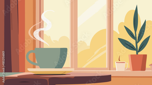 Cozy Vector Illustration of a Steaming Coffee Cup on a Wooden Table in Morning Light