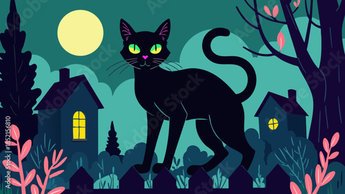 Black Cat Silhouette on Fence under Moonlight Vector Illustration