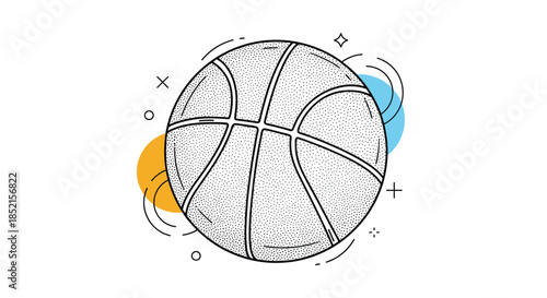 A creative, hand-drawn style illustration of a basketball with a stippled texture, surrounded by minimalist lines and shapes.