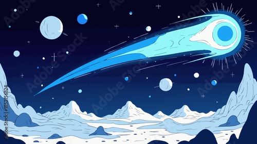 Vector illustration of a blue comet with a luminous tail streaking through a star-filled galaxy