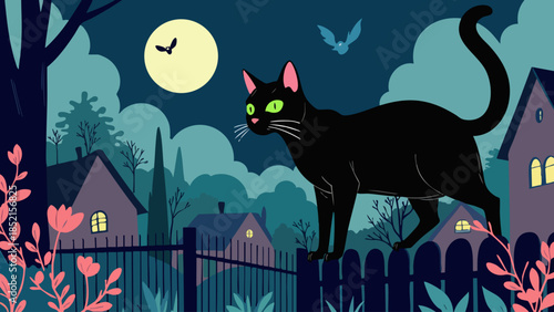 Black cat silhouette with glowing green eyes on a fence at night under a full moon, vector illustration