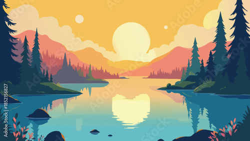 Vector illustration of a golden sunrise over a calm lake and misty forest