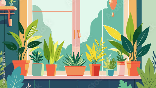 Vector illustration of fresh green plants on a sunny windowsill