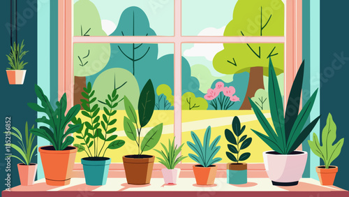 Vector illustration of freshly watered green plants on a sunny windowsill