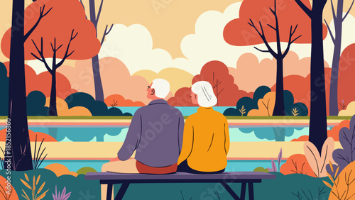 Elderly Couple Contemplating in Tranquil Park Vector Illustration