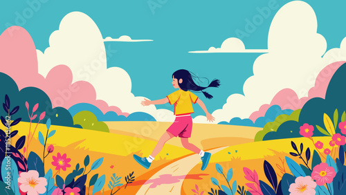Child Playing Freely in Bright Summer Field, Vector Illustration