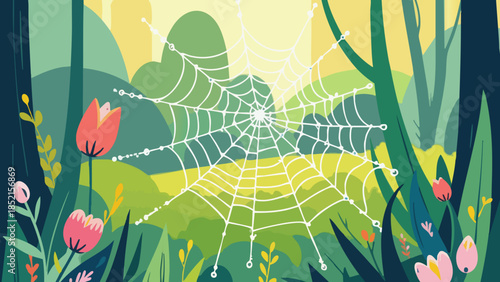 Dewy Spiderweb on Grass Blades with Sunbeams Vector Illustration