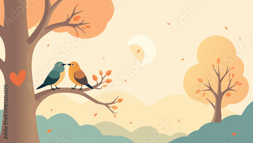 Flat Vector Illustration of Two Love Birds on a Branch in a Park