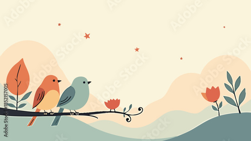 Flat Vector Illustration of Minimalist Lovebirds on a Branch in a Geometric Garden
