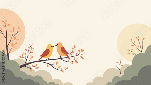 Flat Vector Illustration of Minimalist Lovebirds on a Branch in a Geometric Garden