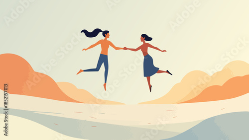 Flat Vector Illustration of Two Abstract Figures Connecting in Open Space