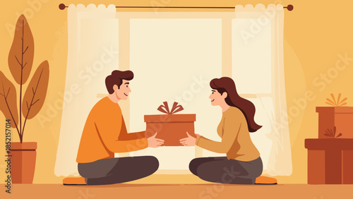 Flat Vector Illustration of a Couple Exchanging Gifts in a Cozy Room