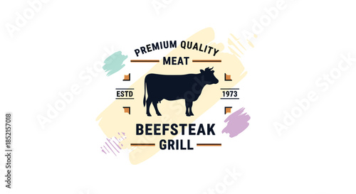 A retro-style logo for a premium quality beefsteak grill, featuring a cow silhouette on a background of colorful paint strokes.