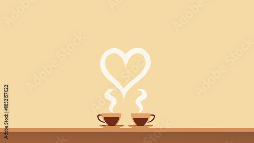 Flat Vector Illustration of Two Coffee Cups with Heart Shaped Steam on a Cafe Counter