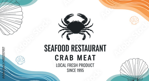 A modern and artistic banner for a seafood restaurant, featuring a crab silhouette with abstract wave and seashell elements.