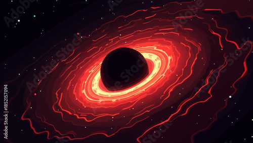 Anime Style Vector Illustration of a Black Hole Accretion Disk with Gravitational Lensing