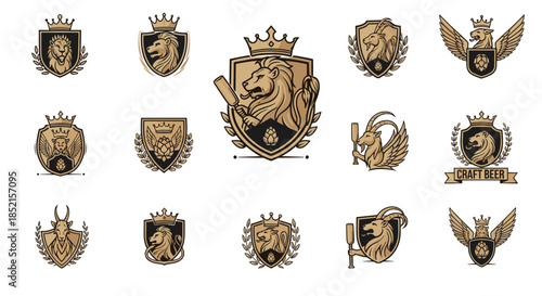 A large collection of vintage, heraldic-style craft beer logos and emblems featuring animals like lions and goats with crowns.
