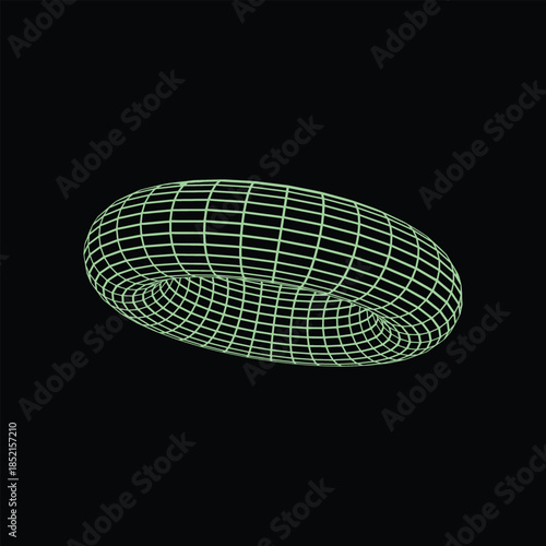 Abstract wireframe representation of a three dimensional torus shape rotating slowly against a dark background illustrating mathematical topology and geometric concepts in digital space