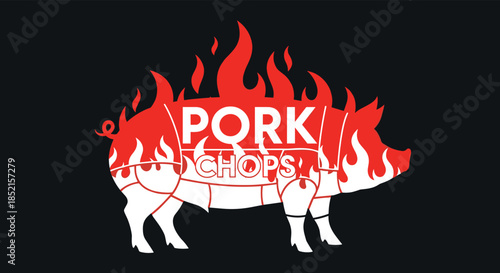 A fiery and impactful logo for pork chops, showcasing a pig silhouette with a butcher's cut diagram engulfed in red flames.