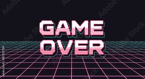 Pink pixelated 'Game Over' text with a turquoise shadow floats above a glowing retro-futuristic grid in 80s arcade style.