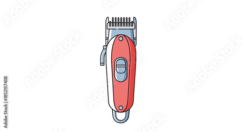 Simple cartoon illustration of a red and silver electric hair clipper, a professional tool for barbershops and hairstylists.