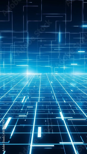 A futuristic digital landscape featuring a vibrant network of glowing blue lines and grid patterns Mobile WallPaper Background Image