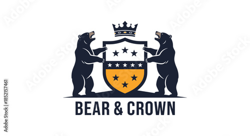 Heraldic logo design for 'Bear & Crown' featuring two rampant black bears holding a shield topped with a royal gold crown.