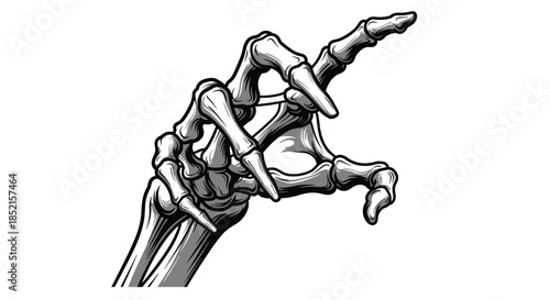 Monochrome illustration of a detailed skeleton hand with long, sharp claws gesturing menacingly on a clean white background.
