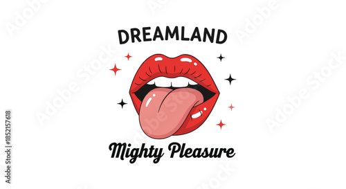 Playful and provocative logo for 'Dreamland Mighty Pleasure' featuring cartoon red lips with a tongue sticking out and sparkles.